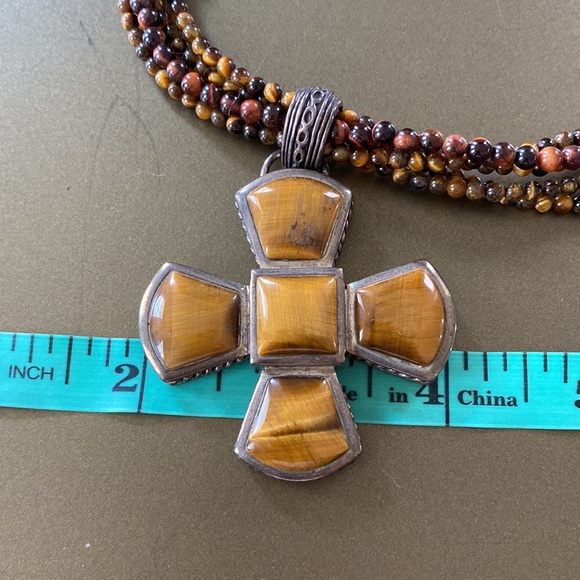 Barse Stone Cross Pendant on Multi-strand Beaded Necklace - Picture 5 of 7